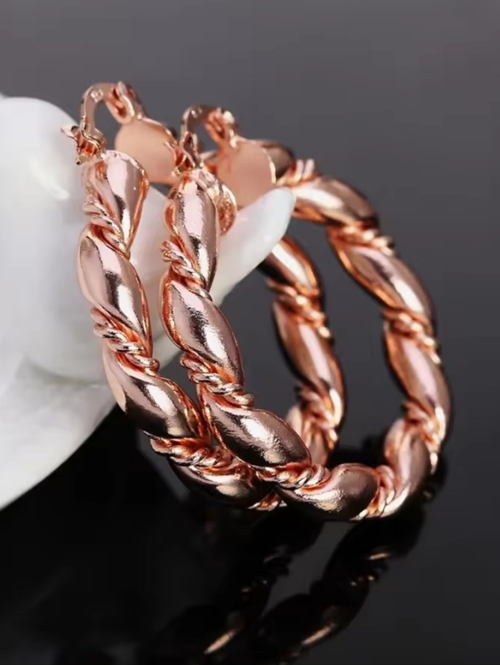 18K Rise Gold Rope Round Big 4cm Hoop Earrings 925 Sterling Silver Fashion Jewel